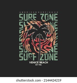 surf zone stylish t-shirt and apparel trendy design with palm trees silhouettes, typography, print, vector illustration. Global swatches.
