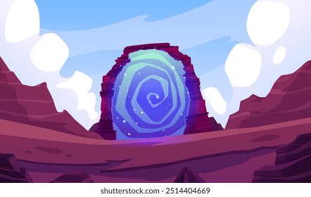 The surface of an alien planet. Empty rocky landscape. Stone arch. Extraterrestrial magical blue portal to other worlds. Sky with clouds. Horizontal banner. Cartoon style. Vector illustration.