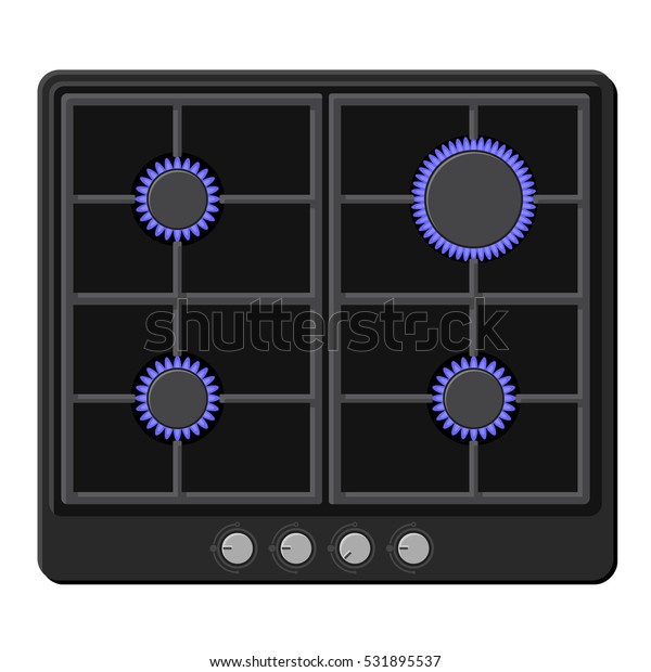 Surface of Black Gas Hob Stove with Fire On. Vector