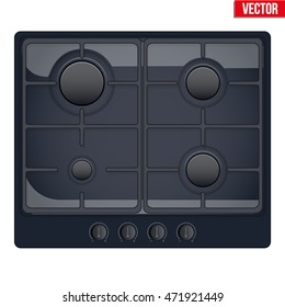Surface of black gas hob. Top view of stove. Domestic equipment. Editable Vector illustration Isolated on white background.