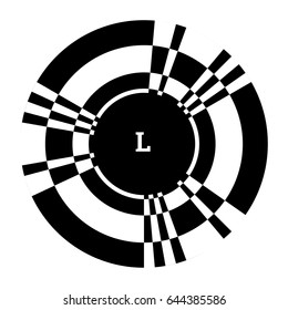 Surface of circular element. Round optical illusion with striped lines, squares, rectangles. Black white isolated circle, op art effect. Monogram with letter, text label. Vector geometric abstraction.
