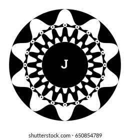 Surface of circular element. Round optical illusion with striped waves, petals. Black white artwork, op art effect. Graphic decoration. Monogram with letter, text label. Vector geometric abstraction.