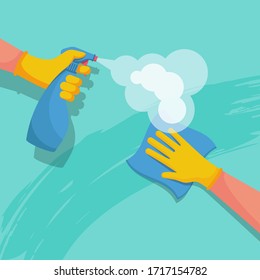 Surface cleaning in house. Spraying antibacterial sanitizing spray. Prevention coronavirus COVID-19. Bottle of disinfection and a rag in the hands of a cleaner. Medical blue gloves. Sanitize surfaces. - Shutterstock ID 1717154782