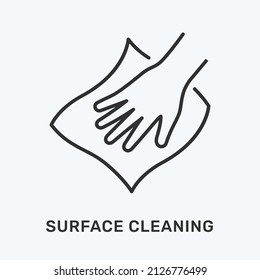Surface cleaning line icon. Vector illustration of hand and tissue. Black outline pictogram for housekeeping equipment
