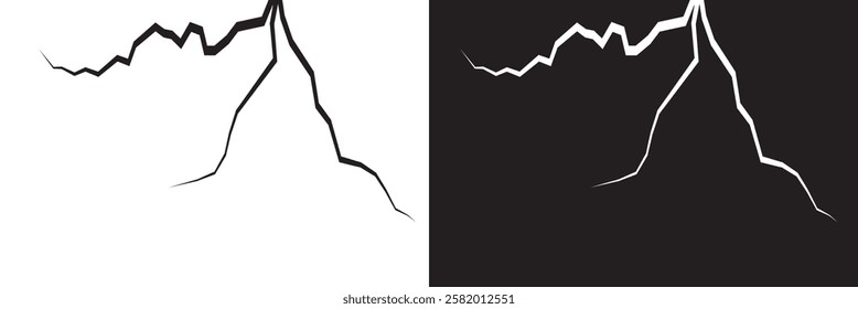 Surface crack and fissure in ground, concrete, crevices from disaster top view.   Broken ground, wall, glass pattern effect. isolated on white and black background. vector illustration. EPS 10