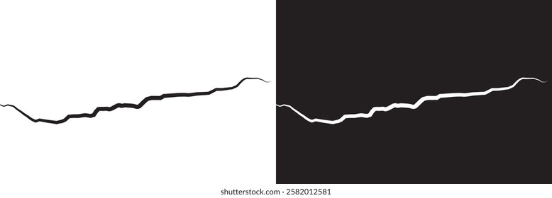 Surface crack and fissure in ground, concrete, crevices from disaster top view.   Broken ground, wall, glass pattern effect. isolated on white and black background. vector illustration. EPS 10