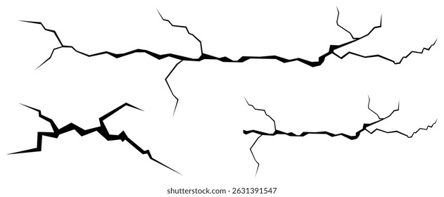 Surface crack and fissure in ground, concrete, crevices from disaster top view. Breaks on land surface from earthquake isolated on white background. Broken ground, wall, glass pattern effect. Damage