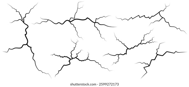 Surface cracks and fissures in ground.  Breaks on land surface from earthquake isolated on white background. Broken ground, wall, glass pattern effect.