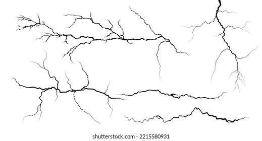 Surface cracks and fissures in ground, concrete, crevices from disaster top view. Lightning collection. Breaks on land surface from earthquake. Broken ground, wall, glass pattern effect. Damage