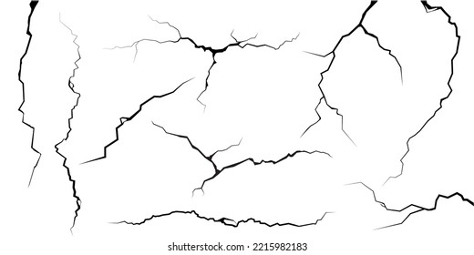 Surface cracks and fissures in ground, concrete, crevices from disaster top view. Breaks on land surface from earthquake isolated on white background. Broken ground, wall, glass pattern effect. Damage