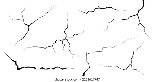 Surface cracks and fissures in ground, concrete, crevices from disaster top view. Breaks on land surface from earthquake isolated on white background. Broken ground, wall, glass pattern effect. Damage