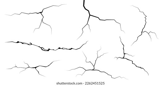Surface cracks and fissures in ground, concrete, crevices from disaster top view. Breaks on land surface from earthquake isolated on white background. Broken ground, wall, glass pattern effect. Damage