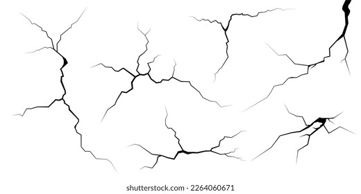 Surface cracks and fissures in ground, concrete, crevices from disaster top view. Breaks on land surface from earthquake isolated on white background. Broken ground, wall, glass pattern effect. Damage svg