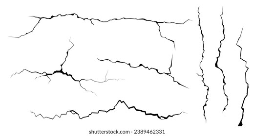 Grietas superficiales y fisuras en tierra, hormigón, grietas desde la vista superior del desastre. Rompimientos en la superficie terrestre por el terremoto aislados en el fondo blanco. Masa rota, pared, efecto de patrón de vidrio. Daños