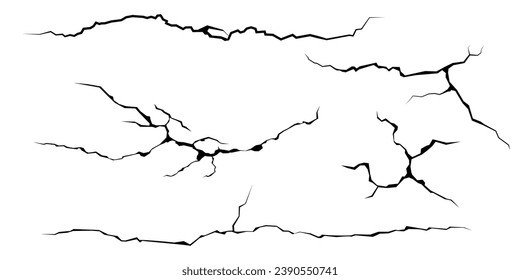 Surface cracks and fissures in ground, concrete, crevices from disaster top view. Breaks on land surface from earthquake isolated on white background. Broken ground, wall, glass pattern effect. Damage