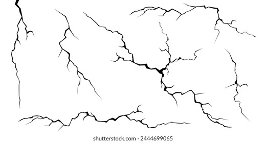 Surface cracks and fissures in ground, concrete, crevices from disaster top view. Breaks on land surface from earthquake isolated on white background. Broken ground, wall, glass pattern effect. Damage