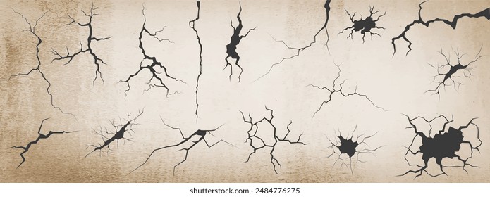 Surface cracks and fissures in ground, concrete, crevices from disaster top view. Breaks on land surface from earthquake. Broken ground, wall, glass pattern effect. Ground cracks Vector illustration