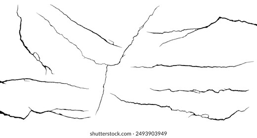 Surface cracks and fissures in ground, concrete, crevices from disaster top view. Breaks on land surface from earthquake isolated on white background. Broken ground, wall, glass pattern effect. Damage