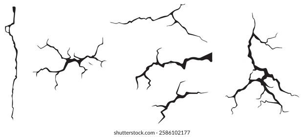 Surface cracks and fissures in ground, concrete, crevices from disaster top view. Breaks on land surface from earthquake isolated on white background. Broken ground, wall, glass pattern effect.  eps 