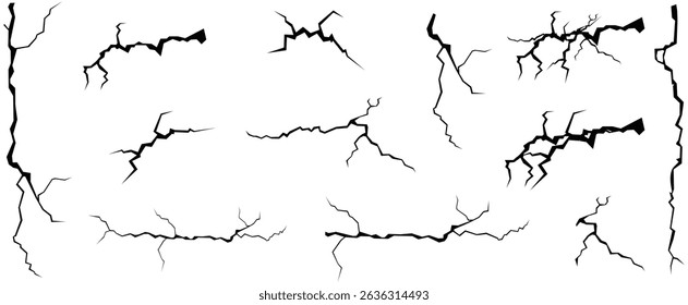 Surface cracks and fissures in ground, concrete, crevices from disaster top view. Breaks on land surface from earthquake isolated on white background. Broken ground, wall, glass pattern effect. Damage