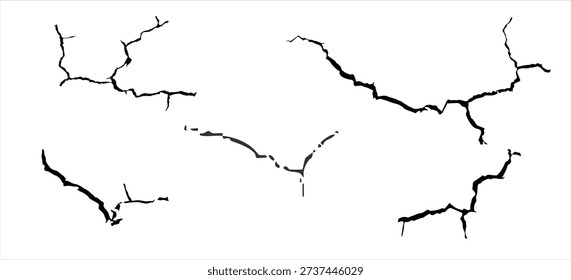 Surface cracks and fissures in ground, concrete, crevices from disaster top view. Breaks on land surface from earthquake isolated on white background. Broken ground, wall, glass pattern effect. Damage