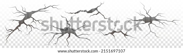 Surface cracks and fissures in ground, concrete,\
crevices from disaster top view. Realistic 3D holes in ground.\
Breaks on land surface from earthquake isolated on white\
background. Broken ground,\
wall