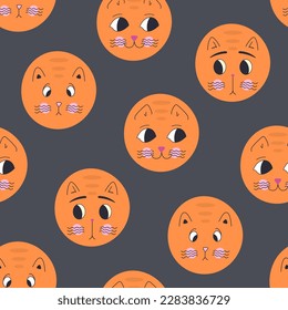 Surface design, black eyes cats. Repeatable texture, domestic animal. Colored seamless pattern
