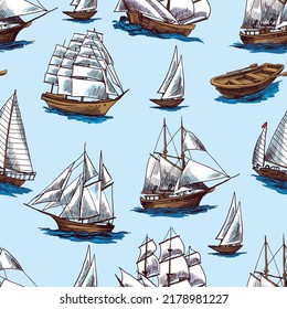 Surface design boats old watercraft seamless pattern