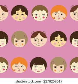 Surface design, comely girlish faces. Repeatable print, women appearance. Colored seamless pattern
