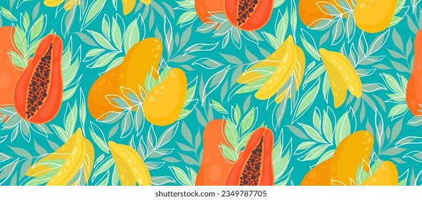 Diseño de superficie con comida. Textura vectorial de verano con mango, papaya, bananas y follaje exuberante. Patrón tropical con frutas y hojas sobre un fondo turquesa. Superficie de moda para papeles pintados