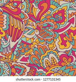 Surface design pattern seamless abstract ornamental doodle texture. Vintage folwer power hippie theme background. Endless structure