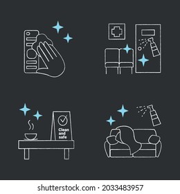  Surface disinfection chalk icons set. TV remote, couch, clinic and cafe disinfection. Safety space and preventative measures.Osolated vector illustrations on chalkboard