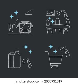 Surface disinfection chalk icons set. Disinfection at public spaces. Safety space and preventative measures. Preventing virus spread concept.Isolated vector illustrations on chalkboard