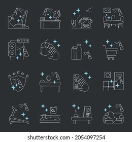  Surface disinfection chalk icons set. Disinfection at home, workplace, public spaces, transport. Safety space and preventative measures. Isolated vector illustrations on chalkboard