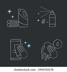 Surface disinfection chalk icons set.Phone disinfection,wet cleaning,antibacterial spray. Home, public areas,transport hygiene. Isolated vector illustrations on chalkboard