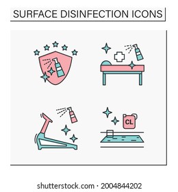  Surface disinfection color icons set. Disinfection at public spaces, swimming pool, gym. Safety space and preventative measures. Preventing virus spread concept.Isolated vector illustrations