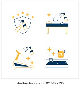  Surface disinfection flat icons set. Disinfection at public spaces, swimming pool, gym. Safety space and preventative measures. Preventing virus spread concept.Vector illustrations
