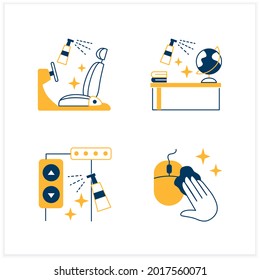  Surface disinfection flat icons set. Car seats, school, elevator disinfection.Safety space and preventative measures. Preventing virus spread concept.Vector illustrations