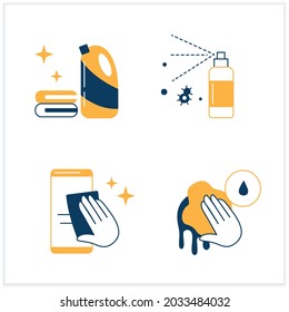 Surface disinfection flat icons set.Phone disinfection,wet cleaning,antibacterial spray. Home, public areas,transport hygiene. Vector illustrations