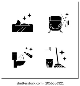 Surface disinfection glyph icons set.Toilet, train disinfection. Wet wipes, mopping. Home, public areas,transport hygiene. Filled flat signs. Isolated silhouette vector illustrations