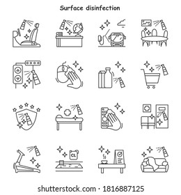 Surface disinfection line icons set. Sanitizing at home, office and more. Safety space and preventive measures. Preventing virus spread concept. Isolated vector illustrations. Editable stroke