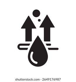 Surface evaporation icon with a water drop and an upward arrow indicating a quick drying process and moisture release from a material vector solid glyph icon