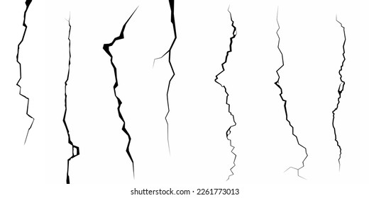 Surface fissures and cracks from earthquake top view in ground, concrete, crevices from disaster. Breaks on land surface isolated on white background. Broken ground, wall, glass pattern effect. Damage