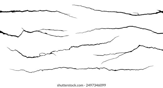 Fisuras de la superficie y grietas de la vista superior del terremoto en el suelo, hormigón, grietas de desastre. Ruptura en la superficie de la tierra, relámpago aislado en el fondo blanco. Masa rota, pared, efecto de vidrio Daño