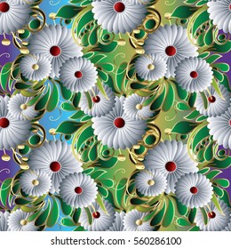 Surface floral seamless pattern background wallpaper illustration with white 3d flowers,curl green leaves and vintage decorative hand drawn flourish ornaments.Vector abstract flowery fabric texture. 