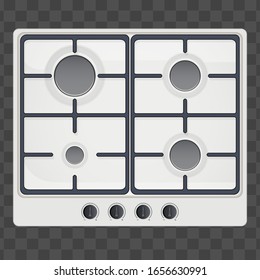 Surface of gas hob. Domestic kitchen equipment. White Color. Above view of stove. Editable Vector illustration Isolated on transparent background.