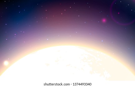 The surface of the glowing moon against the background of space and stars.