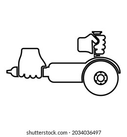 Amortiguador de superficie en la herramienta de mano en uso Arm Electric ángulo de la sierra circular con discos de mano Máquina de pulidor búlgara para el tratamiento contorno de corte icono de contorno negro ilustración vectorial 