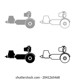 Surface grinder in hand tool in use Arm Electric circular saw angle with discs hand-held Bulgarian Polisher sander machine for treatment cutting set icon grey black color vector illustration flat 