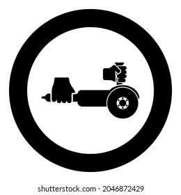 Surface grinder in hand tool in use Arm Electric circular saw angle with discs hand-held Bulgarian Polisher sander machine for treatment cutting icon in circle round black color vector illustration 